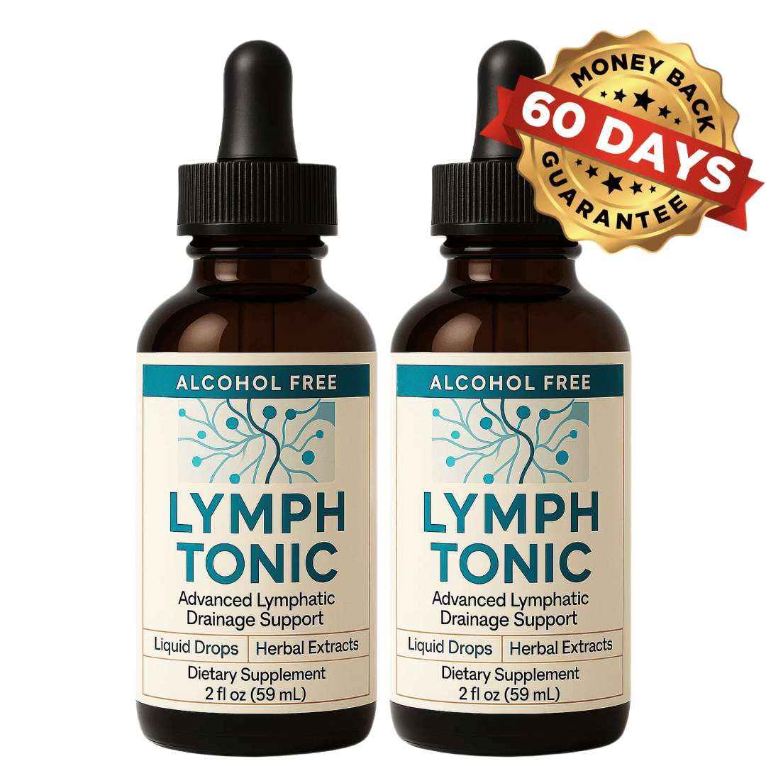 Lymph Tonic two-bottle package with 60-day money-back guarantee – alcohol-free herbal lymphatic drainage drops